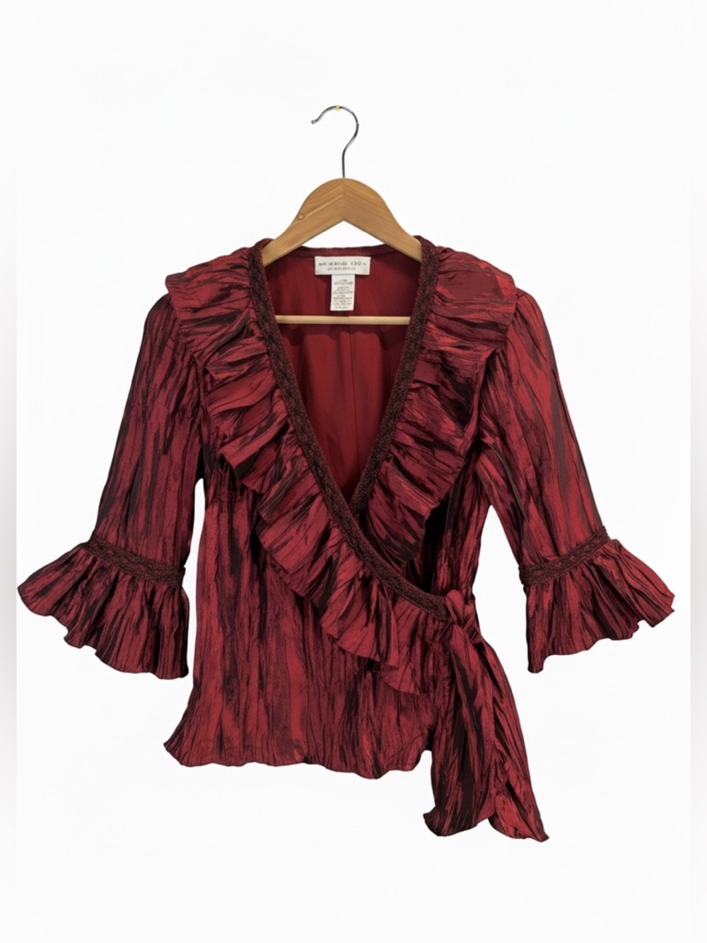 Jackie Jon Red Ruffle Wrap Top Bell Sleeve Romantic Coquette Blouse Small 4